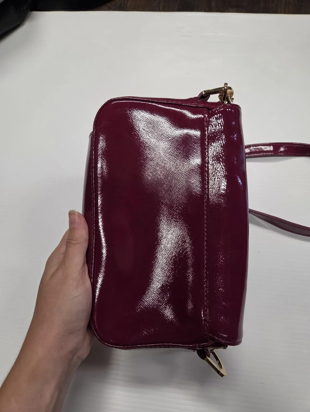 Tory Burch Patent Leather Flap Crossbody Bag – Deep Burgundy/Wine with Gold-Tone